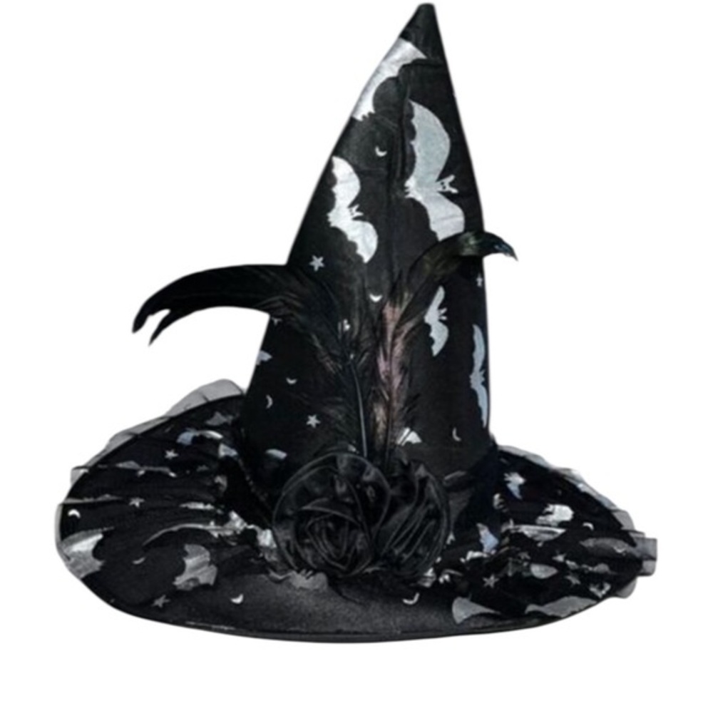 Black Witch Hat with Silver Bats Halloween Magician Hat